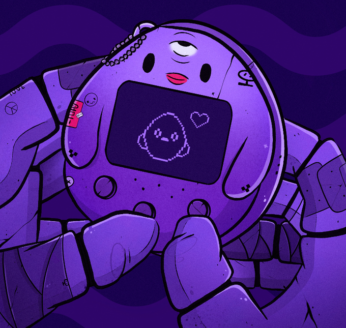 A purple-toned digital illustration of a Tamagotchi-like device displaying a pixelated character and heart icon, adorned with stickers including one with 'Hell' written on it.