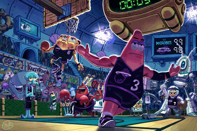 A vibrant underwater basketball scene shows Patrick Star in jersey #3 defending against a flying player in jersey #6, with a scoreboard displaying "MORPHIES 99 JELLYFISH 99" at "00:00," while the Krusty Krab crowd watches. The image whimsically illustrates a high-stakes, tied-game "showdown" moment, paralleling the post's announcement of Ethena's launch on Monad as a major, evenly matched event in the DeFi space.