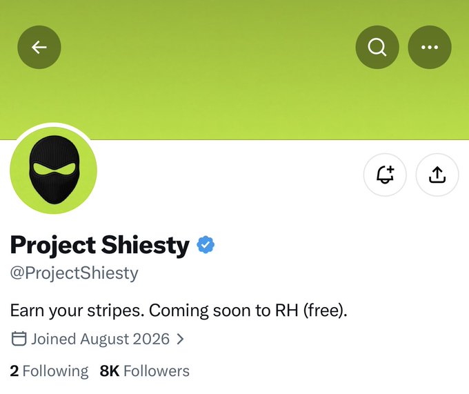 A Twitter/X profile page for "Project Shiesty" (@ProjectShiesty), a verified account with a black ninja-mask avatar on a green background, showing 8K followers and a bio that reads "Earn your stripes. Coming soon to RH (free)." The image relates to the accompanying post announcing a free mint for the Project Shiesty NFT collection, promoting it as a guaranteed-locked mint through Ordinals Hub.