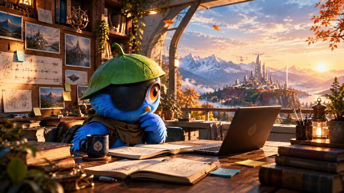 A stylized, fantasy-themed digital artwork depicting a small blue bird character wearing a green leaf hat and an eyepatch, sitting at a wooden desk with books and a laptop, looking out over a fantasy landscape.