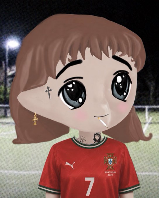 A cartoon avatar of a person with brown hair and large eyes, wearing a Portugal 2026 Puma jersey with the number 7 and a cross earring, set against a soccer field background.