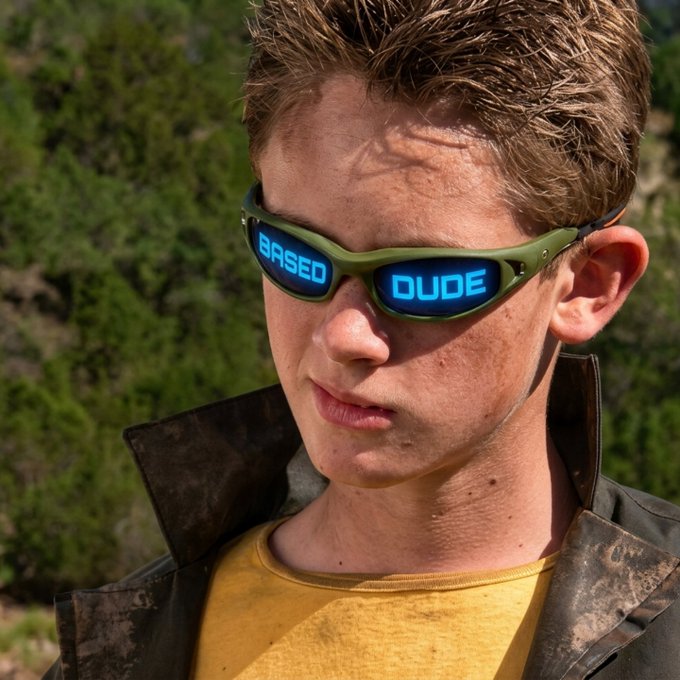 Close-up portrait of a young man with messy brown hair wearing olive-green sunglasses displaying 'BASED DUDE' in glowing blue text, dressed in a yellow shirt and brown jacket against a blurred forest background.