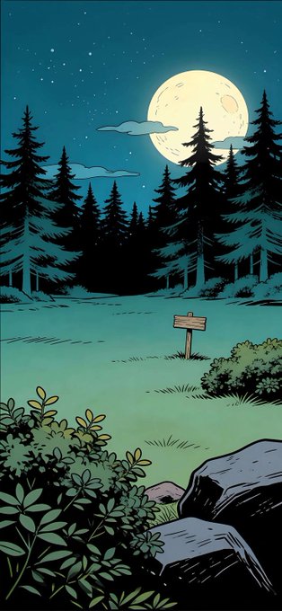 A moonlit forest clearing with a wooden signpost and rocks in the foreground, evoking a quiet, restorative night. The scene's calm, nocturnal atmosphere complements the post's message about recovery, better sleep, and showing up each day with renewed focus.