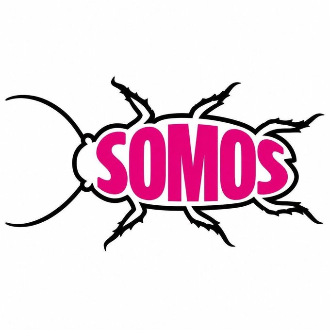 A stylized logo features the word "SOMOS" in bold pink lettering inside a comic book-style speech bubble, complete with dramatic spiky burst lines radiating outward. The graphic pairs well with the "Great design!" caption, showcasing a vibrant pop-art aesthetic ideal for emphasizing a strong statement or message.