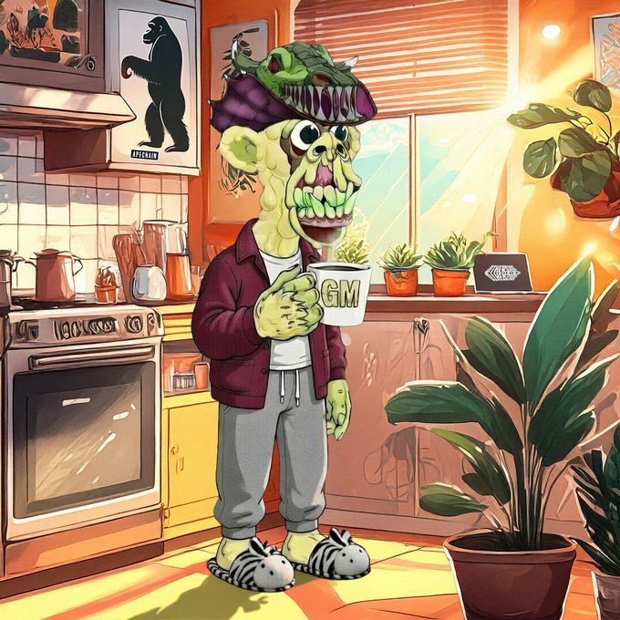 A cartoon illustration of a grotesque green zombie-like character wearing a crocodile hat, holding a 'GM' coffee mug, and standing in a sunlit kitchen.