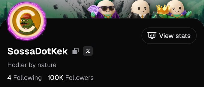 Profile page for 'SossaDotKek' (@SossaDotKek) with bio 'Hodler by nature', 4 Following, 100K Followers, featuring cartoon characters with money fan, sunglasses, and crown.