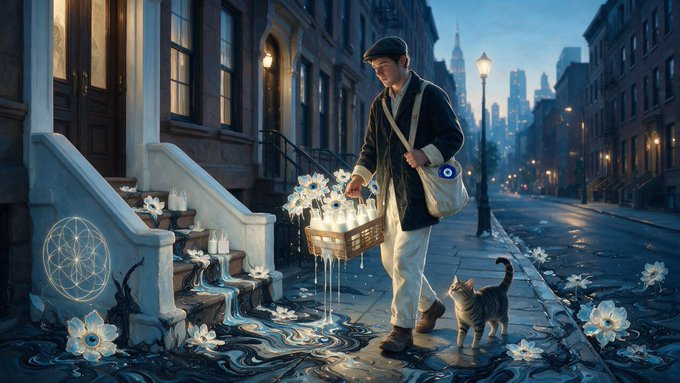 A digital illustration of a young man in a cap and coat carrying a crate of glowing white flowers and candles down a city street at twilight, accompanied by a gray cat, with surreal water and flowers flowing from the steps beside him.