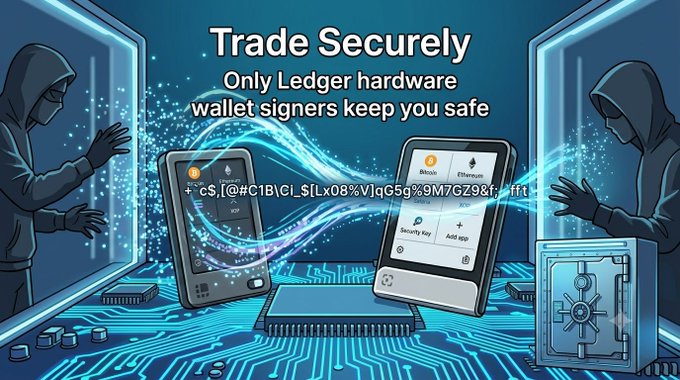 An advertisement for Ledger hardware wallets featuring the text 'Trade Securely Only Ledger hardware wallet signers keep you safe,' flanked by hooded hacker figures and cryptocurrency elements.
