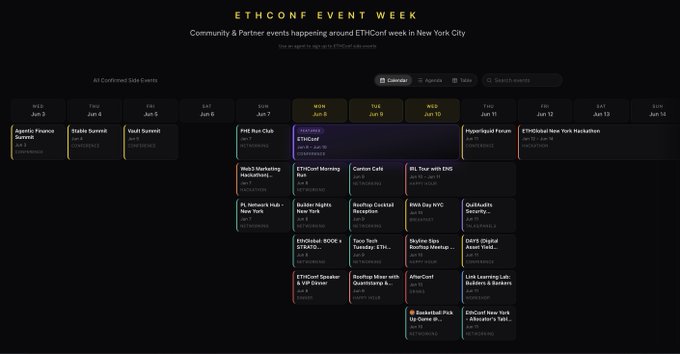 The image shows a detailed schedule for an event happening at a conference center in New York City during the weekend of June 3-14. The schedule includes various workshops, panels, run clubs, and happy hours throughout the day. There are also details about the location and time of the event. The post is titled "ETHConf Event Week" and it appears to be promoting an upcoming event at a conference center in New York City during the weekend of June 3-14.