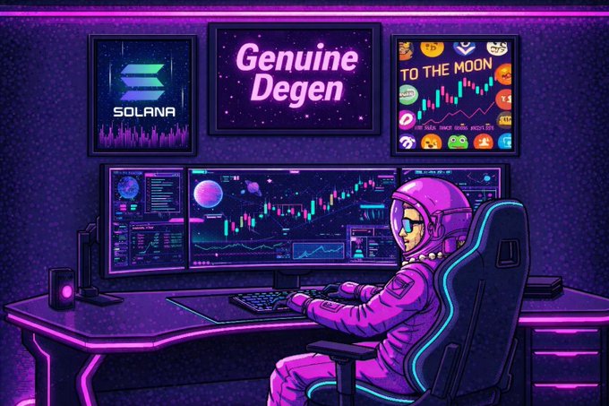 An astronaut in a purple spacesuit sits at a multi-monitor trading station displaying crypto charts and tickers, with wall-mounted posters reading "SOLANA," "Genuine Degen," and "TO THE MOON." The image captures the late-night hustle of a dedicated crypto trader, matching the post's call to connect with fellow night owls grinding on 𝕏.