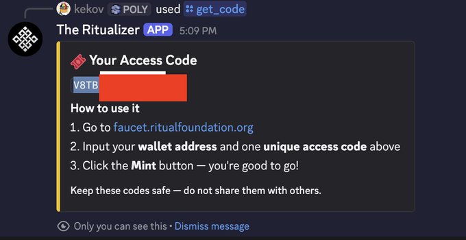 The image shows a Discord message from "The Ritualizer" app where user "kekov" used the `/get_code` command and received a unique access code (partially redacted, starting with "V8TB") to claim tokens at faucet.ritualfoundation.org. This relates to the post by providing the Access Code retrieval step, which is part of the process for setting up a Ritual agent with Claude Code, including adding the Ritual chain (chain ID 1979) to a wallet.
