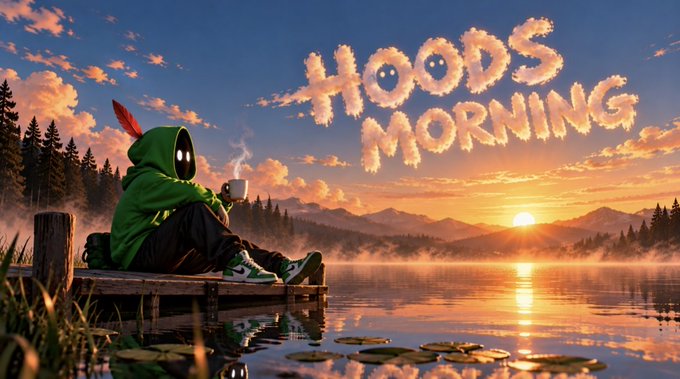 An illustrated scene depicts a hooded figure in green sitting on a dock by a misty lake at sunrise, with the words 'HOODS MORNING' written in cloud-like letters in the sky.