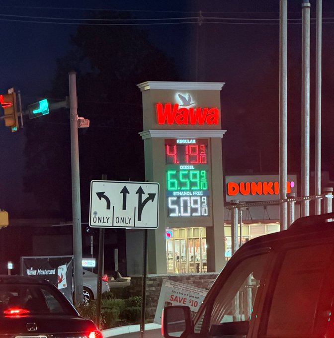 A nighttime photo of a Wawa gas station sign displaying prices for Regular at $4.19, Diesel at $6.59, and Ethanol Free at $5.09, with a Dunkin' sign visible nearby and a lane direction sign in the foreground.
