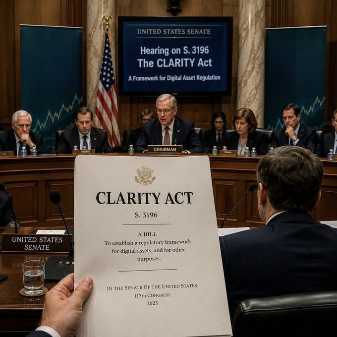 A Senate hearing room where a chairman sits at a panel beneath a screen reading 'Hearing on S. 3196 The CLARITY Act - A Framework for Digital Asset Regulation,' while someone in the foreground holds up the official bill document.
