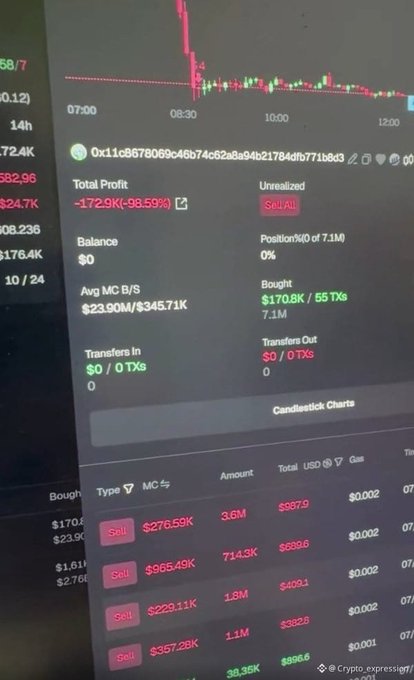 A cryptocurrency trading screen showing a token (0x11c8678069c46b74c62a8a94b21784dfb771b8d3) with a Total Profit of -172.9K (-98.59%) and a candlestick chart displaying significant losses.