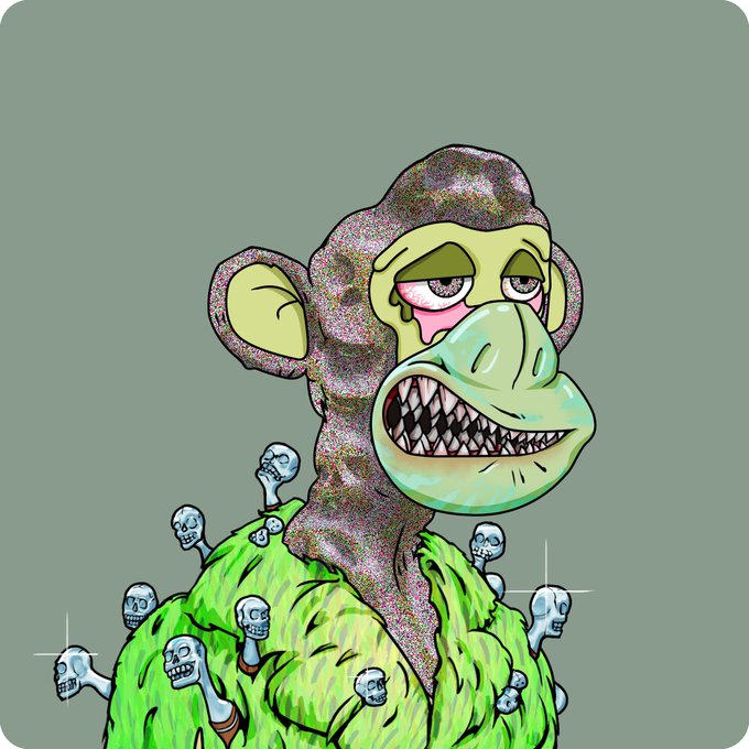 A digital illustration of a menacing, sharp-toothed monkey character wearing a green furry outfit adorned with small skulls against a muted green background.