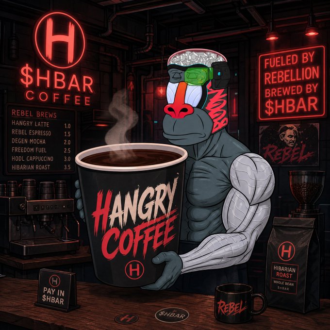 The image features a cartoon character holding a cup of coffee, with the text "HANGRY COFFEE" written on the side of the cup. The scene takes place at a coffee shop or bar, as indicated by the presence of various items such as cups and mugs. There is also a sign that says "$HBAR GM", which might be related to the cartoon character's identity or the establishment where they are located.