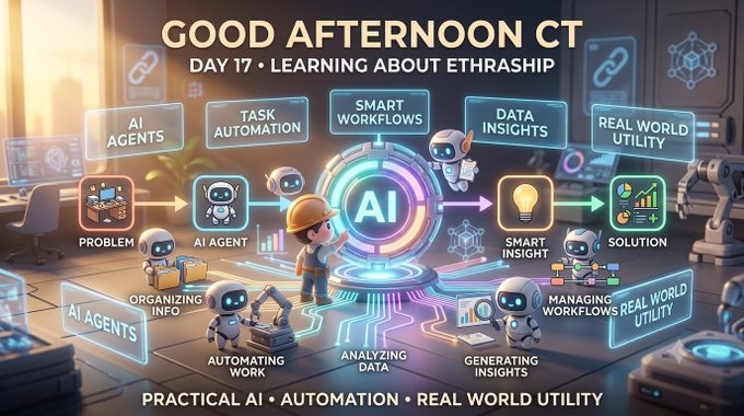 The image is a vibrant infographic titled "Good Afternoon CT - Day 17: Learning About EthraShip," featuring a central "AI" hub surrounded by labeled nodes like "AI Agents," "Task Automation," "Smart Workflows," "Data Insights," and "Real World Utility," with cute robot characters illustrating the progression from problem to solution. This aligns with the post's theme of exploring how EthraShip aims to make AI more practical and useful, visualizing the journey from data analysis to real-world automation and insights.