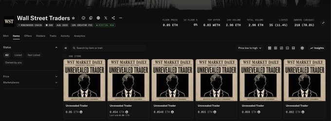 The image shows an OpenSea collection page for "Wall Street Traders," displaying 246 items with a floor price of 0.05 ETH and a 12-month volume of 2.96 ETH. It relates to the post by highlighting that items at or above the 0.05 ETH floor are free to mint for holders of certain NFT collections listed.