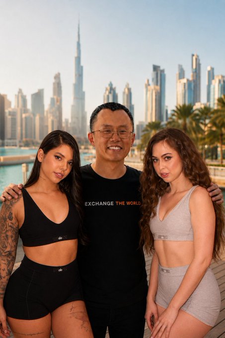 A man wearing glasses and an "EXCHANGE THE WORLD" t-shirt stands between two women in athletic wear, posing in front of the Dubai skyline featuring the Burj Khalifa.