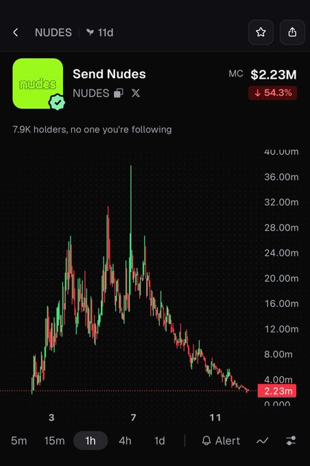 The image shows a cryptocurrency chart for the token "NUDES" (Send Nudes) with a market cap of $2.23M, down 54.3%, displaying a dramatic rise to roughly $36M peak before crashing down over a 1-hour timeframe. The volatile boom-and-bust pattern visually captures the brutal nature of market rotations the post references, illustrating how quickly speculative gains can evaporate.