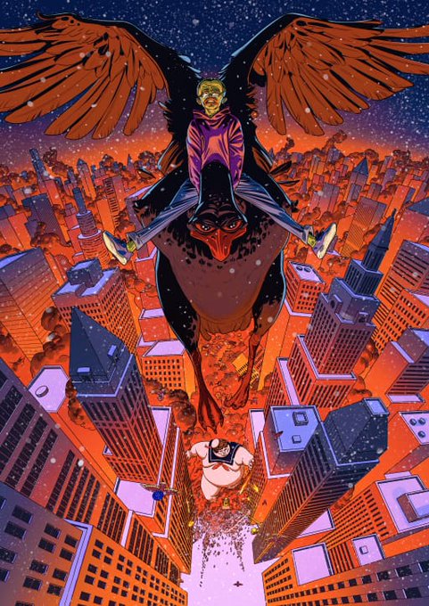 Comic-style illustration showing a green-skinned winged figure carrying a woman through the air over a burning cityscape while a large figure falls below.