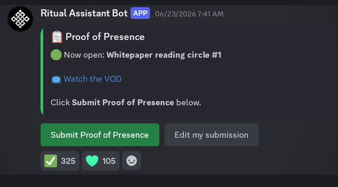 A Discord message from 'Ritual Assistant Bot' dated 06/23/2026, announcing 'Proof of Presence' for a 'Whitepaper reading circle #1', with options to 'Submit Proof of Presence' or 'Edit my submission', showing 325 checkmarks and 105 heart reactions.