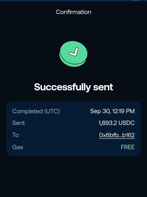 A confirmation screen shows a transaction was 'Successfully sent' for 1,893.2 USDC to address 0x6bfb...b162 on Sep 30, 12:19 PM, with free gas.