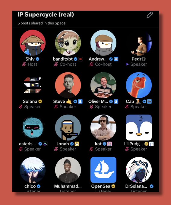 The image shows a Twitter Space titled "IP Supercycle (real)" hosted by "Shiv," featuring co-hosts "banditxbt" and "Andrew," along with speakers including Solana, Steve, Oliver M., Cab, asteris..., Jonah, kat, and Lil Pudg..., and listeners like chico, Muhammad, OpenSea, and DrSolana—aligning with the post about a show covering NFTs, IP, and crypto market trends.