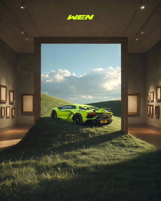 A vibrant green Lamborghini is displayed as a surreal art exhibit, parked on a grassy hill that spills out of a large doorway into a museum-like gallery with framed pictures on the walls. The bold "WEN" text at the top and the post's reference to following $WEN on X tie the luxurious "when lambo" crypto meme to the featured ticker.