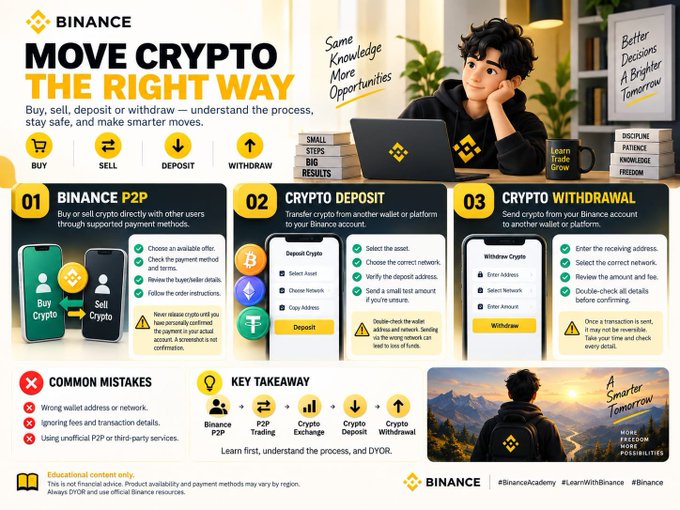 An educational Binance infographic titled 'MOVE CRYPTO THE RIGHT WAY' explains how to buy, sell, deposit, and withdraw cryptocurrency through Binance P2P, Crypto Deposit, and Crypto Withdrawal, listing common mistakes and key takeaways.