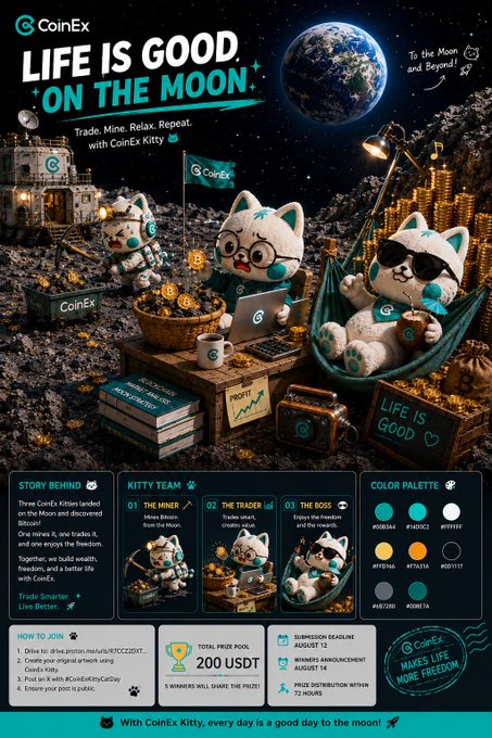 A promotional graphic for CoinEx titled 'LIFE IS GOOD ON THE MOON' featuring cartoon cats (the miner, the trader, and the boss) on a lunar surface with details about a kitty team promotion and a 200 USDT prize pool.