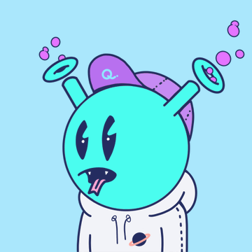 A blue cartoon alien character with droopy eyes and two antennae, wearing a white hoodie with a planet logo and a purple cap with "Q..." visible, is shown against a light blue background. This matches the Quirkies NFT collection, of which #3345 just sold for 1.1 ETH ($2,146) on OpenSea.