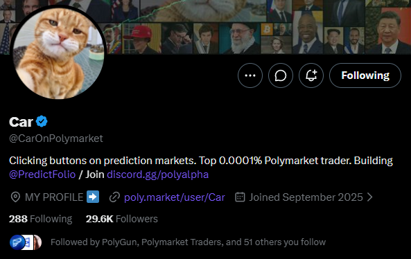 This is a screenshot of the Twitter profile for "Car", formerly "@CarOnPolymarket", who describes themselves as a "Top 0.0001% Polymarket trader." The caption suggests a recent change where their "Traders badge" was removed, implying a demotion or loss of status on the platform.