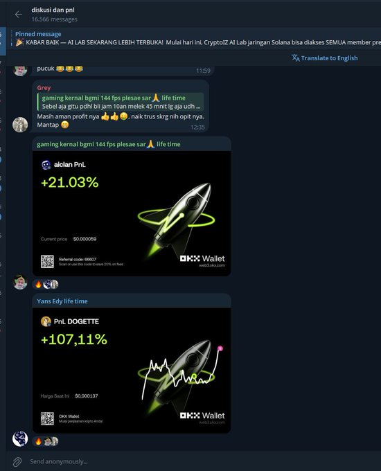 A Telegram chat screenshot in Indonesian showing crypto wallet promotions with tokens 'PnL' and 'PnL DOGETTE' showing gains of +21.03% and +107.11%.