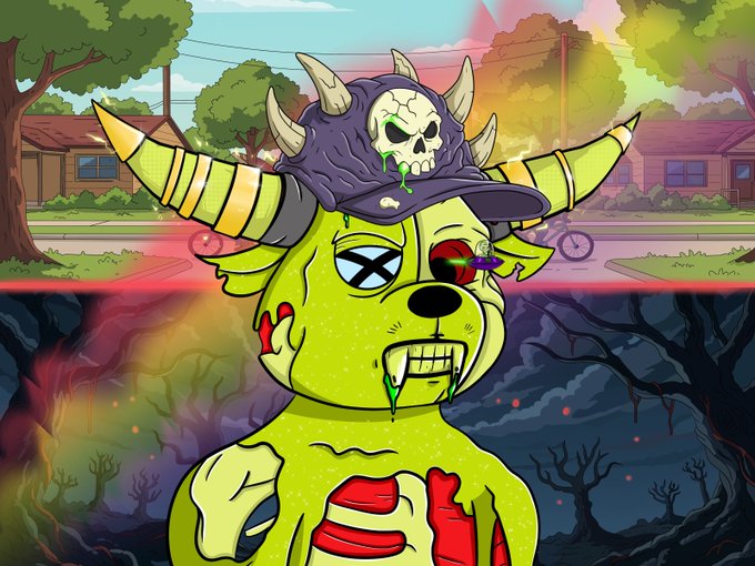 An illustration of a green zombie-like cartoon dog with one glowing red eye and an 'X' over the other, wearing a horned skull hat, set against a split suburban and spooky forest background.
