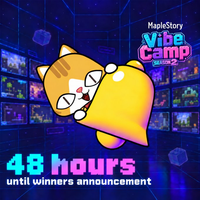 A promotional graphic for MapleStory Vibe Camp Season 2 features an orange cartoon cat character hugging a yellow blob, with text announcing '48 hours until winners announcement' against a retro neon blue background.
