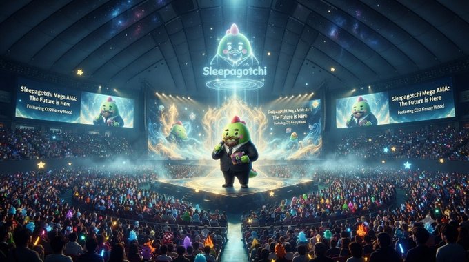 An AI-generated concert scene featuring 'Sleepagotchi Mega AMA: The Future Is Here' with a cartoon character performing on stage to a large audience.