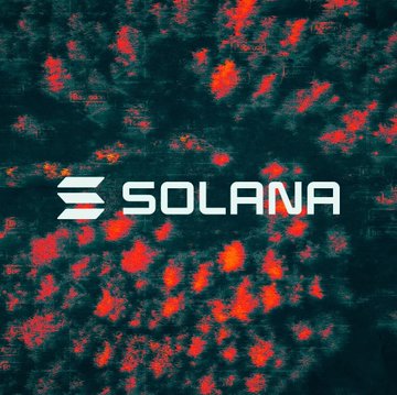 The Solana logo displayed against a fiery red and dark background, visually branding the news about Solana's mainnet upgrade that reduced slot time to 350 ms for faster transaction confirmations.