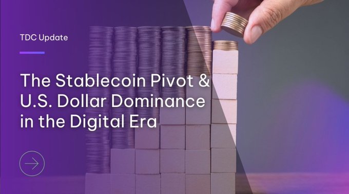 A promotional graphic titled "TDC Update" featuring the headline "The Stablecoin Pivot & U.S. Dollar Dominance in the Digital Era" overlaid on an image of stacked coins and a hand placing a coin on top, symbolizing Tether's major $2 billion USDT minting—the largest in 9 months—amidst market correction.