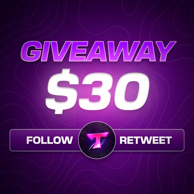 A purple-themed promotional graphic announces a 'GIVEAWAY' for '$30' with instructions to 'FOLLOW' and 'RETWEET' alongside a crypto token logo.