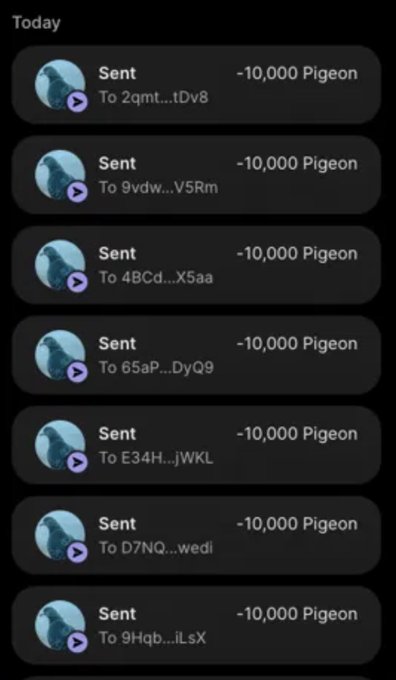 The image shows a transaction history displaying multiple "Sent" transfers of 10,000 Pigeon ($PIGEON) to various wallet addresses, appearing to be airdrop distributions of the token to numerous recipients in a single day.