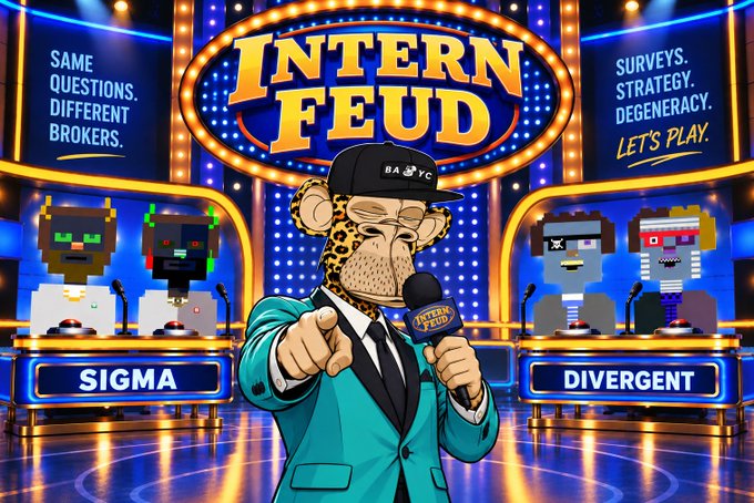 A cartoonish game show graphic titled 'INTERN FEUD' features a leopard in a teal suit pointing at the viewer, with text reading 'SAME QUESTIONS. DIFFERENT BROKERS.' and 'SURVEYS. STRATEGY. DEGENERACY. LET'S PLAY.' above 'SIGMA' and 'DIVERGENT' teams.