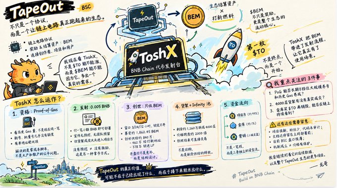 A detailed Chinese-language infographic explaining "TapeOut," a project on BNB Chain, featuring cartoon illustrations, diagrams, and text outlining its ecosystem, tokenomics, and "ToshX" token launch on PancakeSwap.