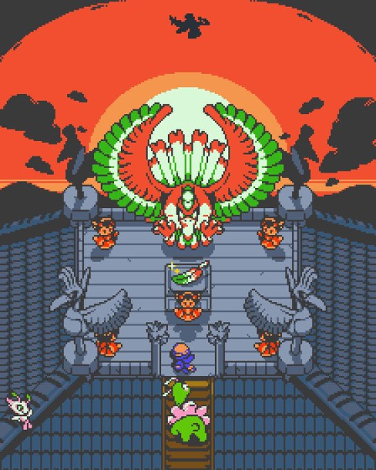 A pixel art video game scene depicting a dramatic boss battle on a rooftop at sunset, featuring a winged demonic figure with angel statues and a small hero character facing the creature.