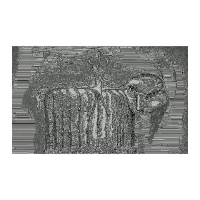 A heavily distorted, grayscale artistic image showing what appears to be a figure with a tree or plant growing from its head, rendered with vertical glitch-like streaks.