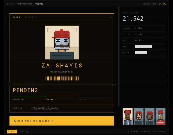 A screenshot from zaddr@mainnet shows a pending Zcash whitelist application with ID "ZA-GH4YI8" and handle "@maisha_anj63027".