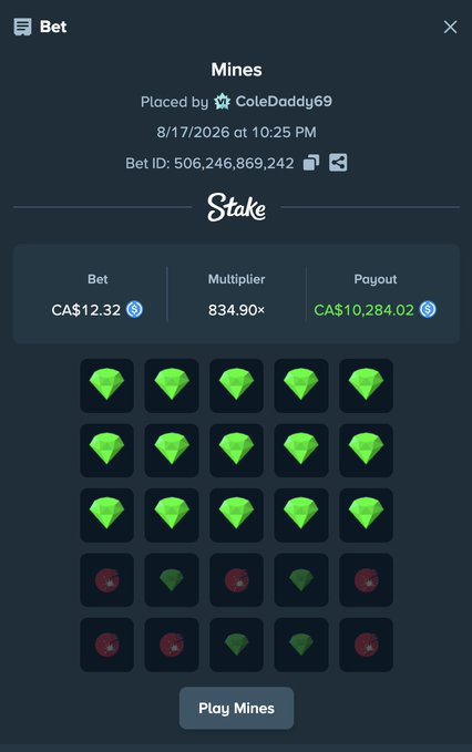 The image shows a Stake.com Mines game screenshot displaying a winning bet by "ColeDaddy69" on 8/17/2026 at 10:25 PM, with a CA$12.32 bet turning into a CA$10,284.02 payout at 834.90x multiplier, featuring revealed green gems alongside remaining red mines. This relates to the post by showing a massive win on Stake to encourage followers to drop their usernames for a potential giveaway.