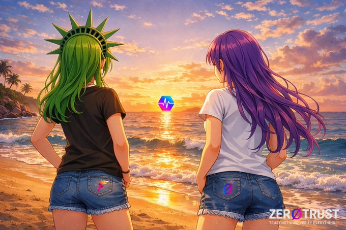 Two anime-styled figures—one wearing a green Statue of Liberty crown with green hair and a black shirt, the other with long purple hair and a white shirt—stand on a beach at sunset watching the sun rise over the ocean, with a Pulsechain logo (a stylized blue heartbeat hexagon) glowing above the water.

Text visible: "ZERO TRUST" and "TRUST NOTHING VERIFY EVERYTHING" in the bottom right, plus "#Pulsechain" branding tying the scene to the blockchain's themes of liberty and decentralization.
