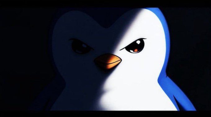 An animated image of a penguin's face partially illuminated by light in the dark.